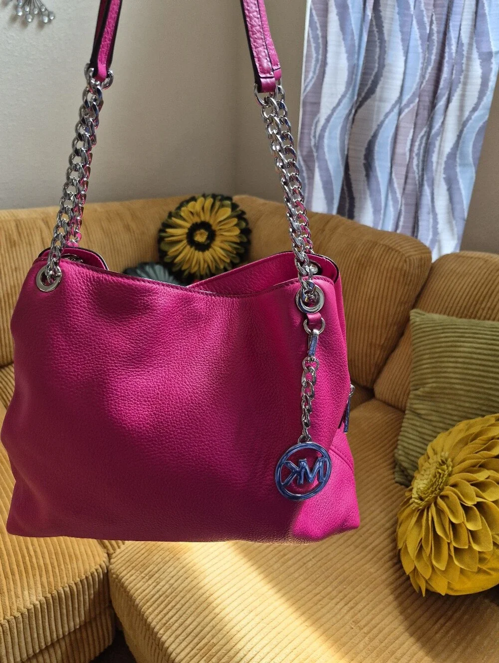 Michael Kors Hot Pink Pebbled Leather Shoulder Bag with Silver Chain-Link Straps